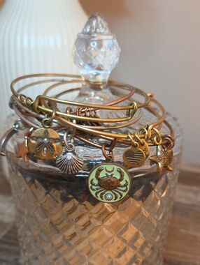 Layered Charm Bangle Bracelets with Crab Charm - Gold Tone